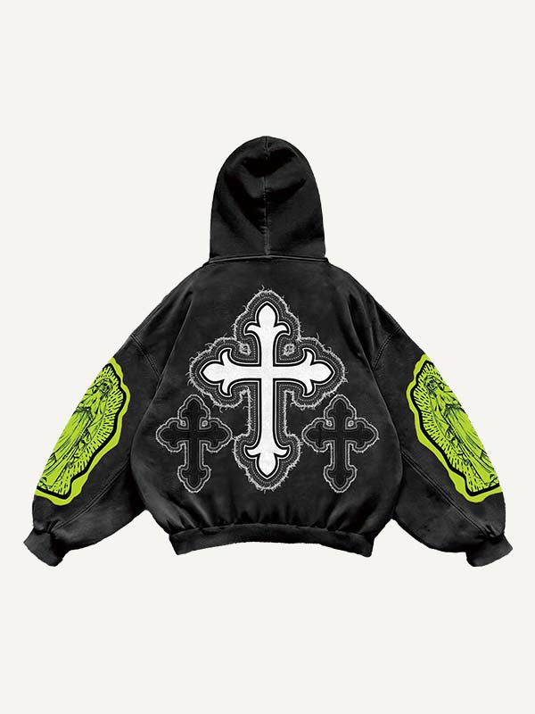 Figure&Pray&Cross Faux Decal Print Slant Pockets Hoodie
