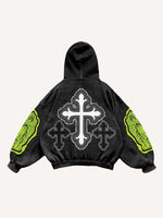 Figure&Pray&Cross Faux Decal Print Slant Pockets Hoodie