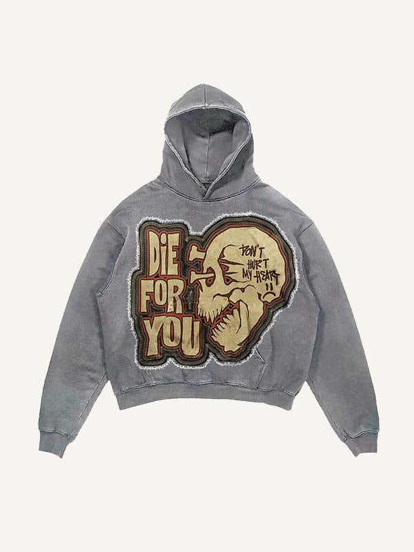 Distressed Washed Die For You Skull Faux Decal Print Slant Pockets Hoodie