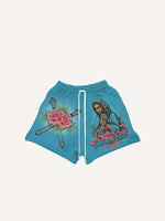 Figure&Mary&Cross&Floral&Letter Print Drawstring Waist Shorts