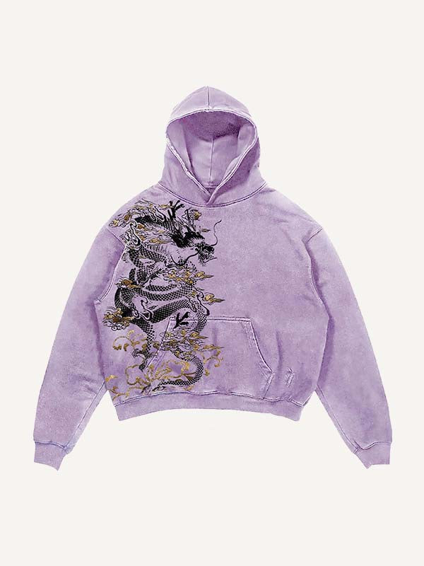 Distressed Washed Dragon Print Slant Pockets Hoodie