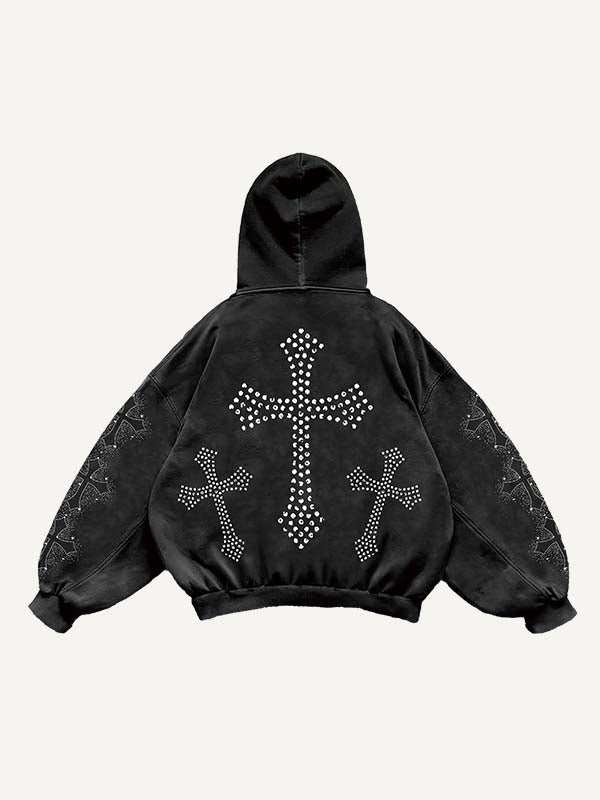 Mary&Cross Faux Rhinestones Print Slant Pockets Hoodie