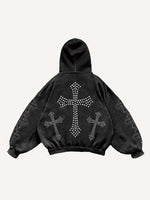Mary&Cross Faux Rhinestones Print Slant Pockets Hoodie