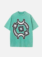 Distressed Washed Moon&Star&Eye Faux Decal Print Round Neck T-shirt