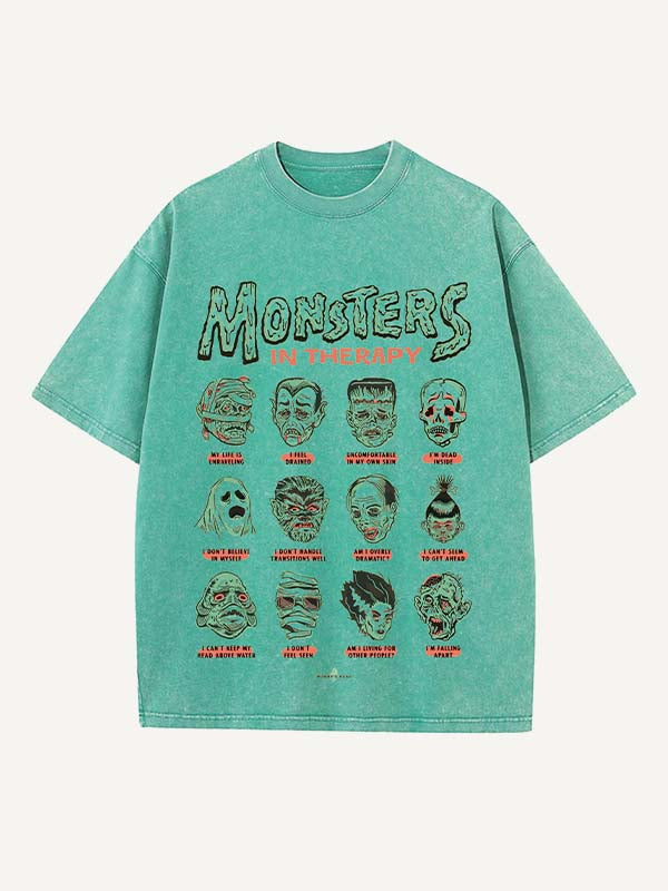 Distressed Washed Halloween Horror Print Round Neck T-shirt