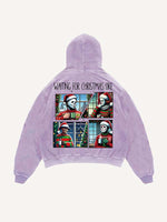 Distressed Washed Christmas Horror Print Slant Pockets Hoodie
