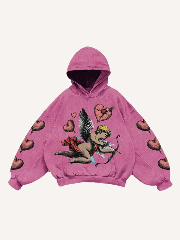 Cupid&Heart Print Slant Pockets Hoodie