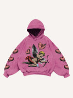 Cupid&Heart Print Slant Pockets Hoodie