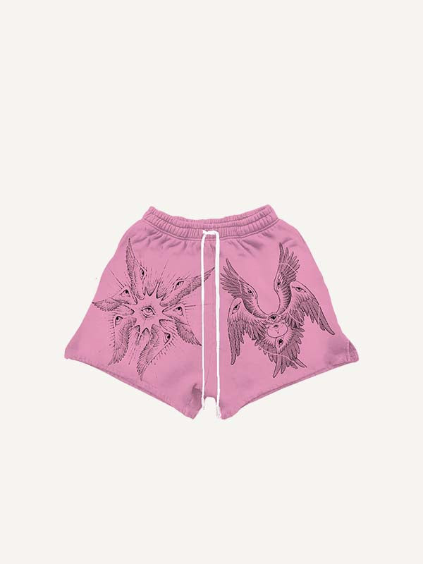 Wing&Eye&Graphic Print Drawstring Waist Shorts
