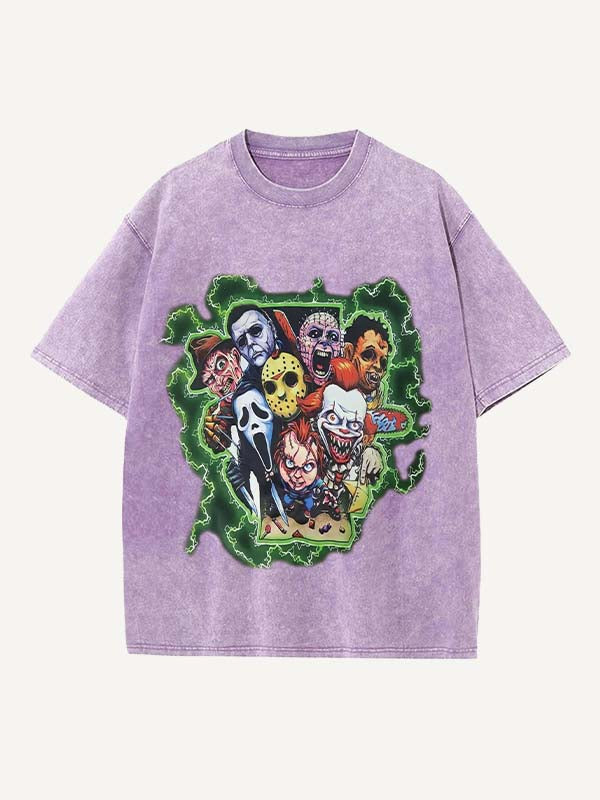 Distressed Washed Horror Print Round Neck T-shirt