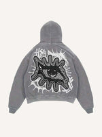 Distressed Washed Eye&Letter Faux Decal Print Slant Pockets Hoodie