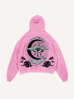 Distressed Washed Eye&Cloud&Moon&Graphic Print Slant Pockets Hoodie