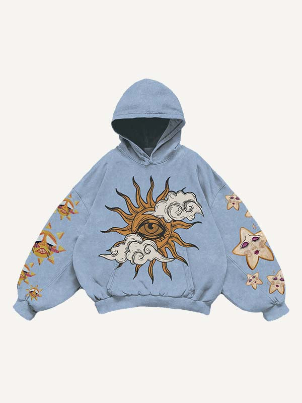 Sad Sun&Eye&Cloud&Graphic Print Slant Pockets Hoodie