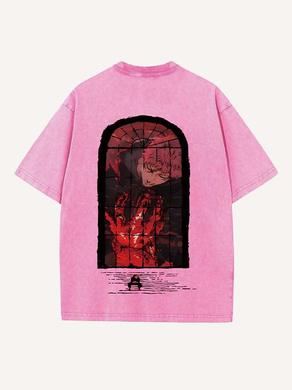 Distressed Washed Figure&Graphic&Fire Print Round Neck T-shirt