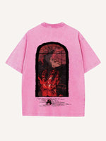 Distressed Washed Figure&Graphic&Fire Print Round Neck T-shirt