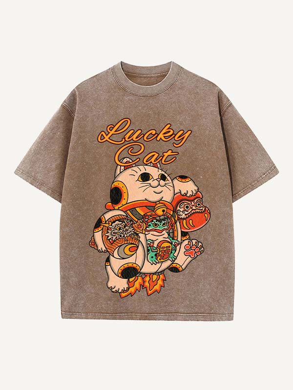 Distressed Washed Cat&Dragon&Animal&Graphic Print Round Neck T-shirt