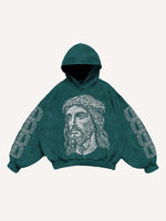 Jesus&Letter Faux Rhinestones Print Slant Pockets Hoodie