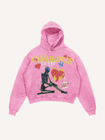 Distressed Washed Skeleton&Letter&Heart Print Slant Pockets Hoodie