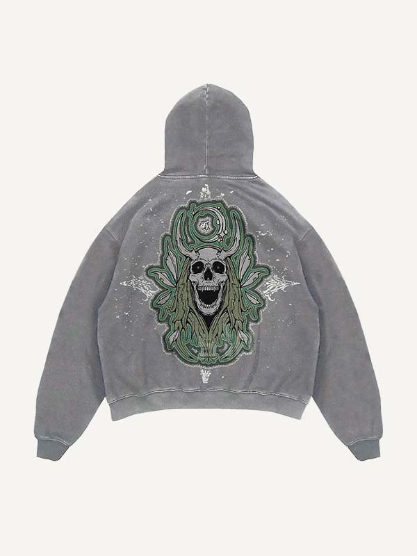 Distressed Washed Skull Faux Decal Print Slant Pockets Hoodie