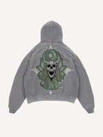 Distressed Washed Skull Faux Decal Print Slant Pockets Hoodie