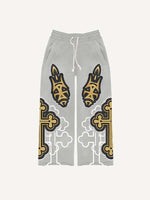 Cross&Letter&Graphic Faux Decal Print Elastic Waist Pants
