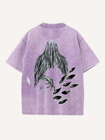 Distressed Washed Figure&Eye&Fire&Graphic Print Round Neck T-shirt