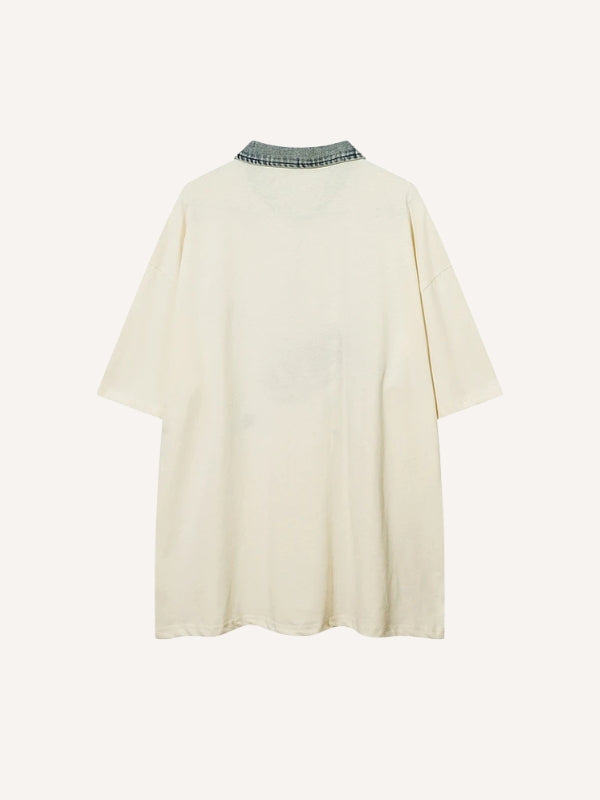 Letter&Star Patches Denim Lapel Polo Shirt