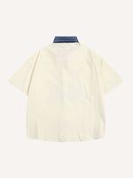 Figure&Letter Embroidery Splicing Denim Collar Shirt