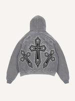Distressed Washed Skull&Cross Faux Decal Print Slant Pockets Hoodie