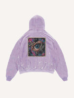 Distressed Washed Eye&Cross&Letter&Graphic Faux Rhinestones Print Slant Pockets Hoodie