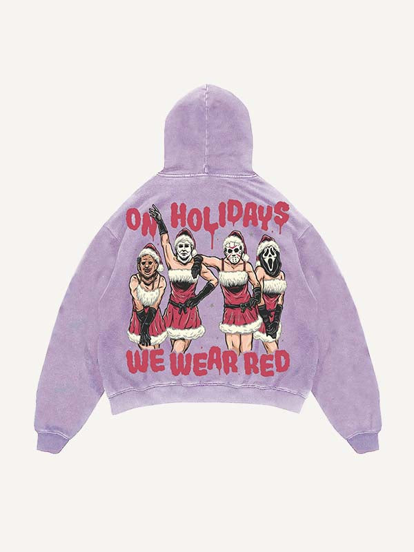 Distressed Washed Christmas Horror Print Slant Pockets Hoodie