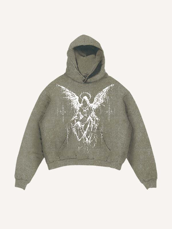 Distressed Washed Figure&Wing Print Slant Pockets Hoodie