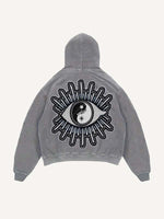 Distressed Washed Sun&Moon&Star&Eye Graphic Faux Decal Print Slant Pockets Hoodie