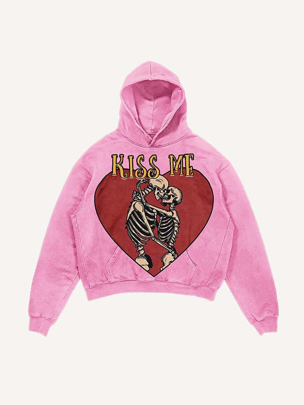 Distressed Washed Skeleton&Kiss Me Print Slant Pockets Hoodie