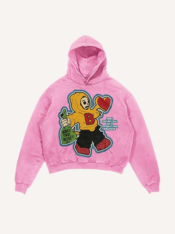 Distressed Washed Skull&Letter&Heart Graphic Print Slant Pockets Hoodie