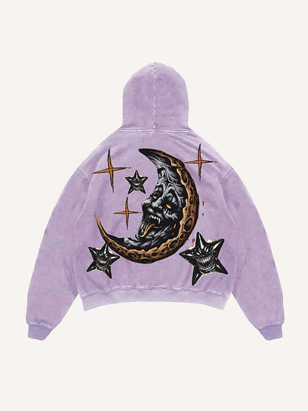 Distressed Washed Evil Moon&Sun&Cloud&Star Print Slant Pockets Hoodie