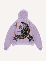Distressed Washed Evil Moon&Sun&Cloud&Star Print Slant Pockets Hoodie