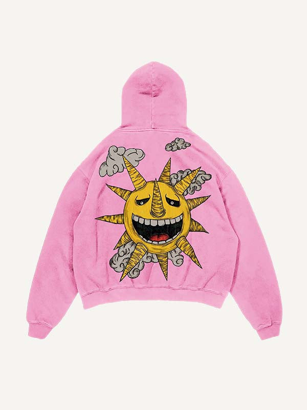 Distressed Washed Evil Moon&Sun&Star&Cloud Print Slant Pockets Hoodie