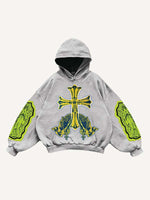 Figure&Pray&Cross Faux Decal Print Slant Pockets Hoodie