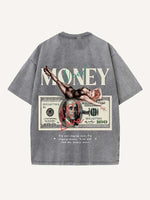 Distressed Washed Figure&City&Graphic&Money&Letter Print Round Neck T-shirt