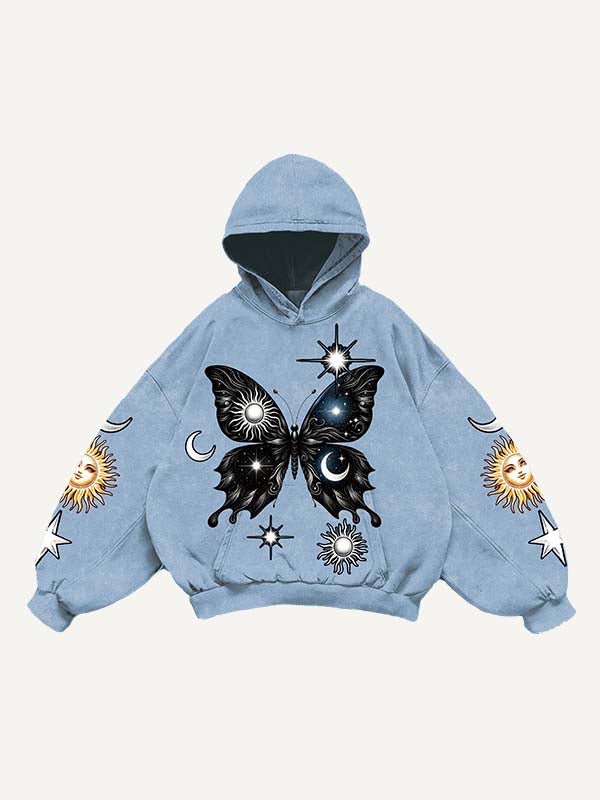 Butterfly&Sun&Moon&Graphic Print Slant Pockets Hoodie