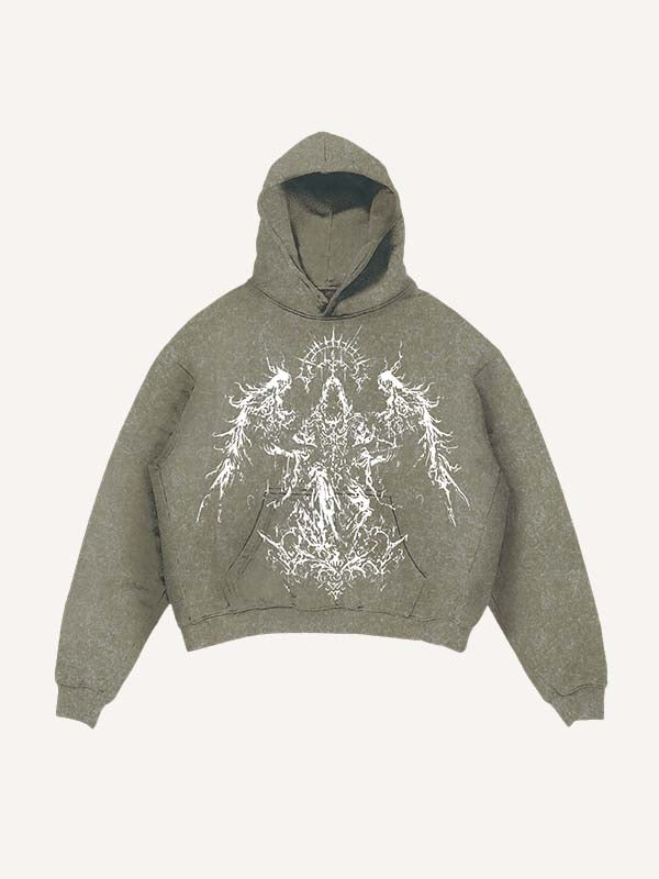 Distressed Washed Angel Figure&Wing Print Slant Pockets Hoodie