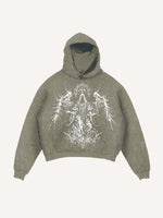 Distressed Washed Angel Figure&Wing Print Slant Pockets Hoodie