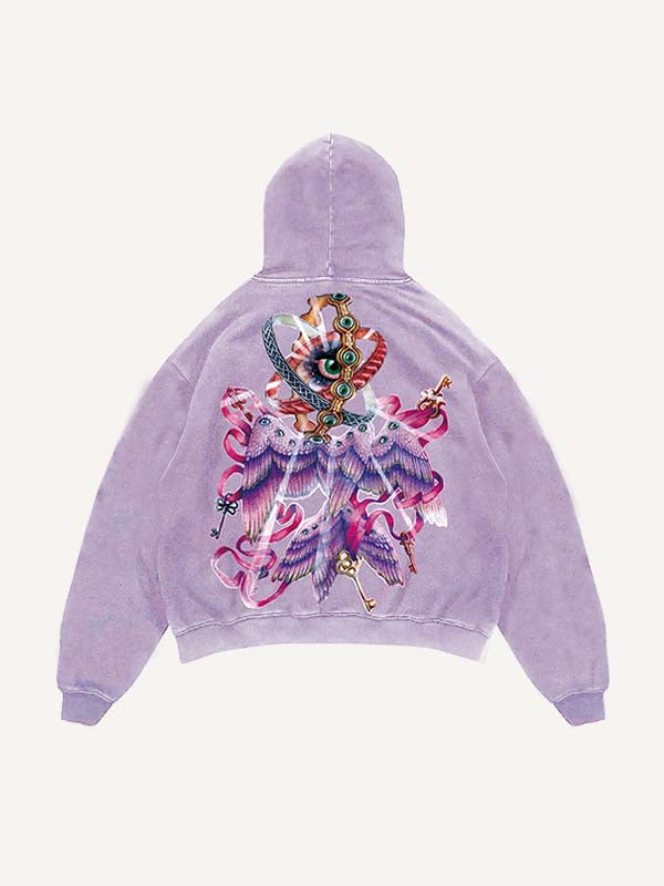 Distressed Washed Wing&Eye&Graphic Print Slant Pockets Hoodie