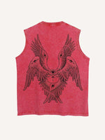 Distressed Washed Wing&Eye&Graphic Print Round Neck Tank
