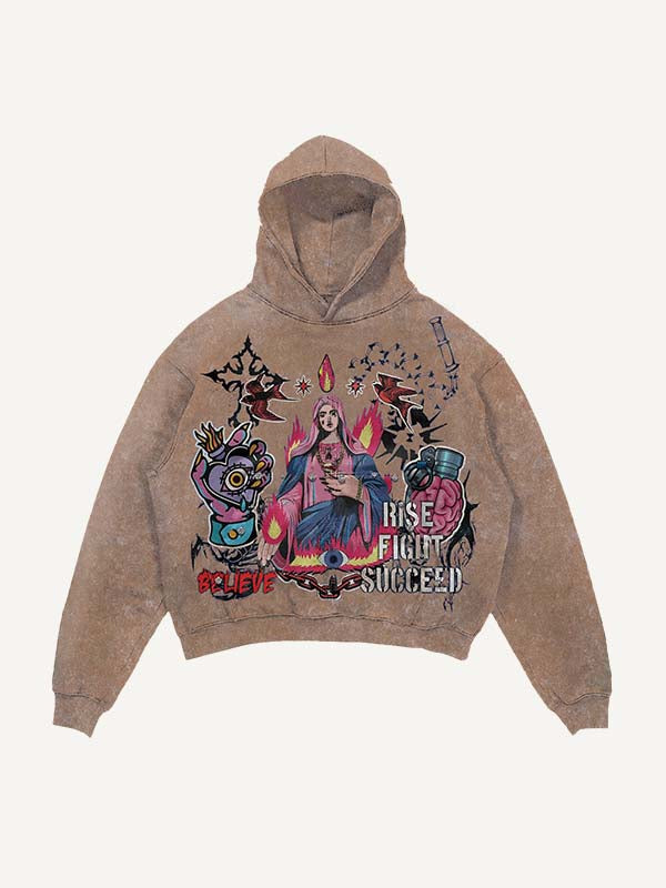 Distressed Washed Mary&Eye&Bomb&Cross&Graphic&Letter Print Slant Pockets Hoodie