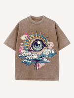 Distressed Washed Eye&Cloud Print Round Neck T-shirt