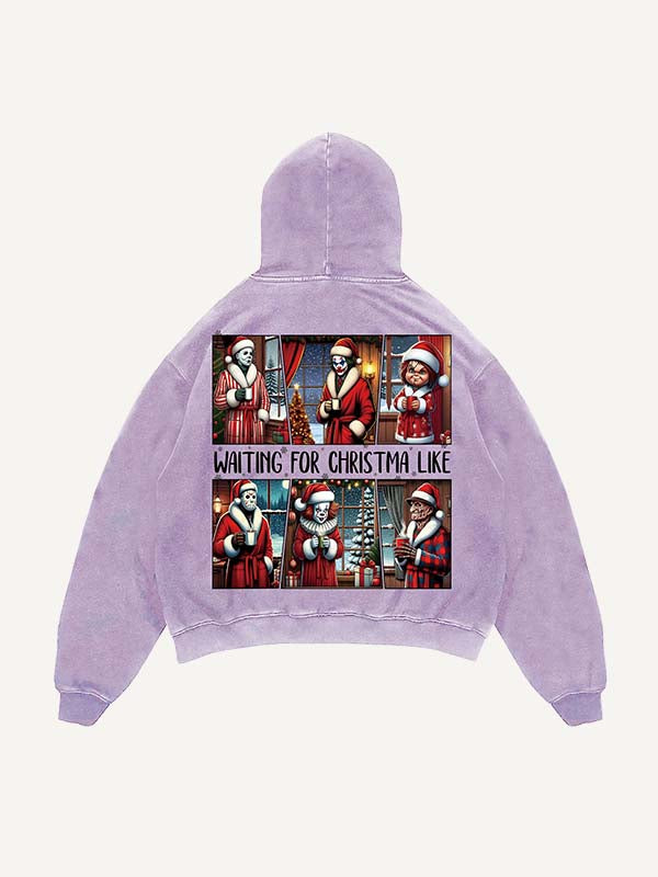 Distressed Washed Christmas Horror Print Slant Pockets Hoodie