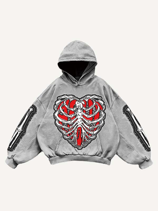 Skeleton&Heart&Wing Faux Decal Print Slant Pockets Hoodie