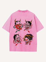 Distressed Washed Figure&Graphic Print Round Neck T-shirt